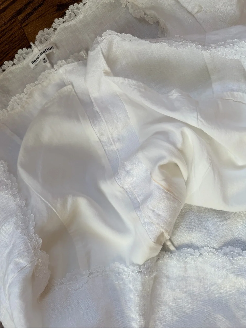 Reformation White Linen Lace-Trim Puff Sleeve Blouse